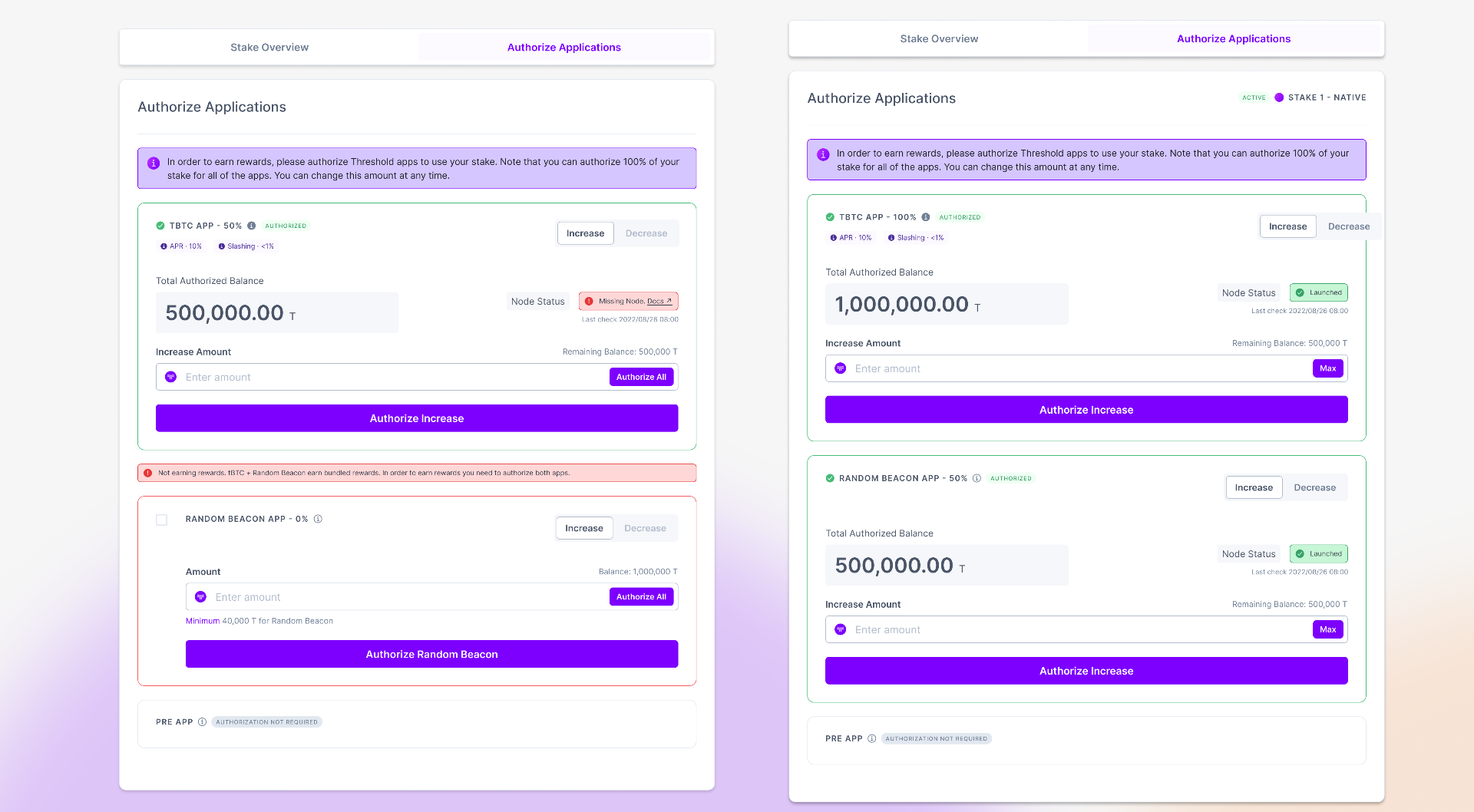 Staking cards showing per-application authorisation percentage, node status and increase or decrease controls