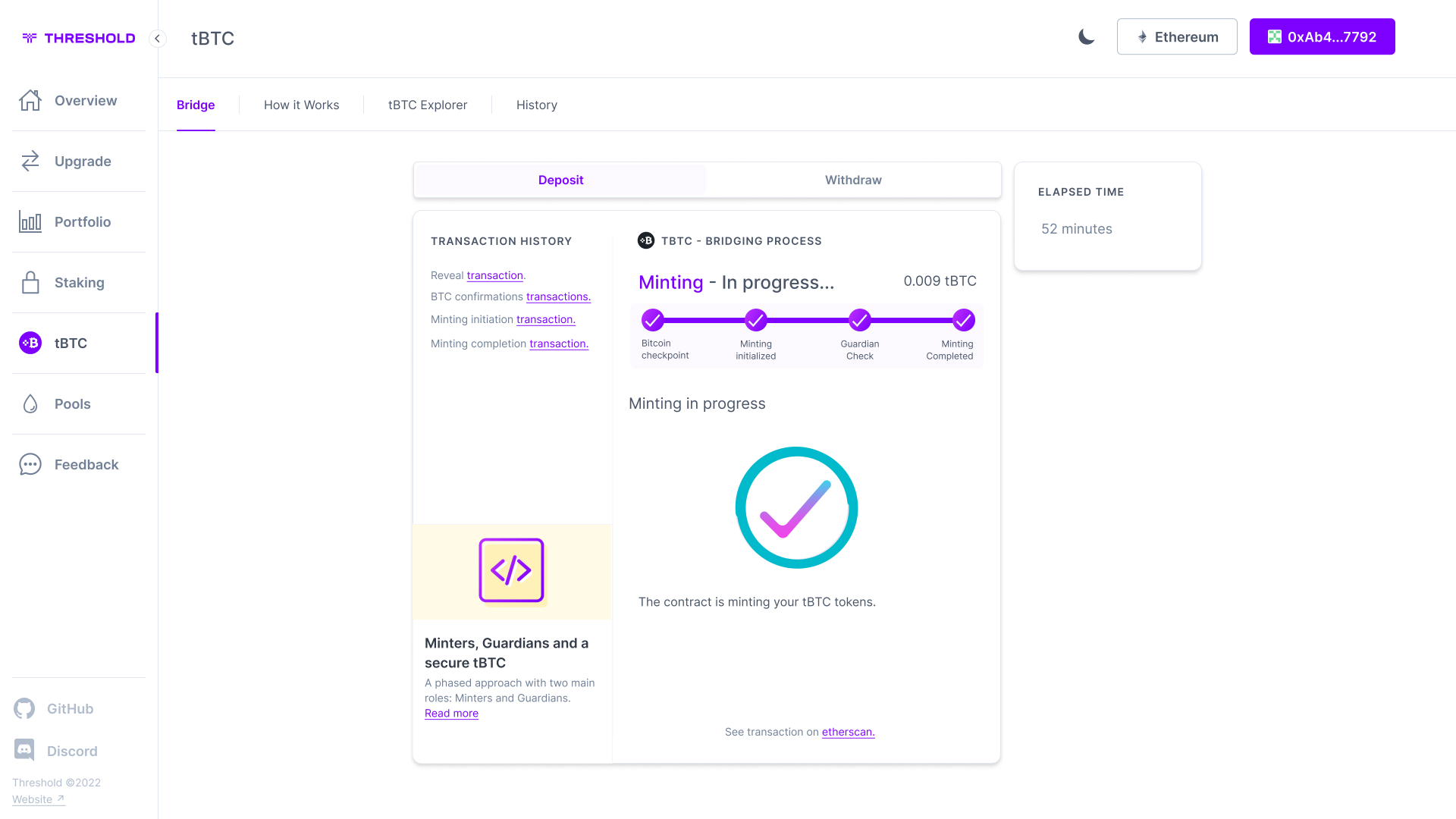 Minting timeline in the Threshold dashboard styling