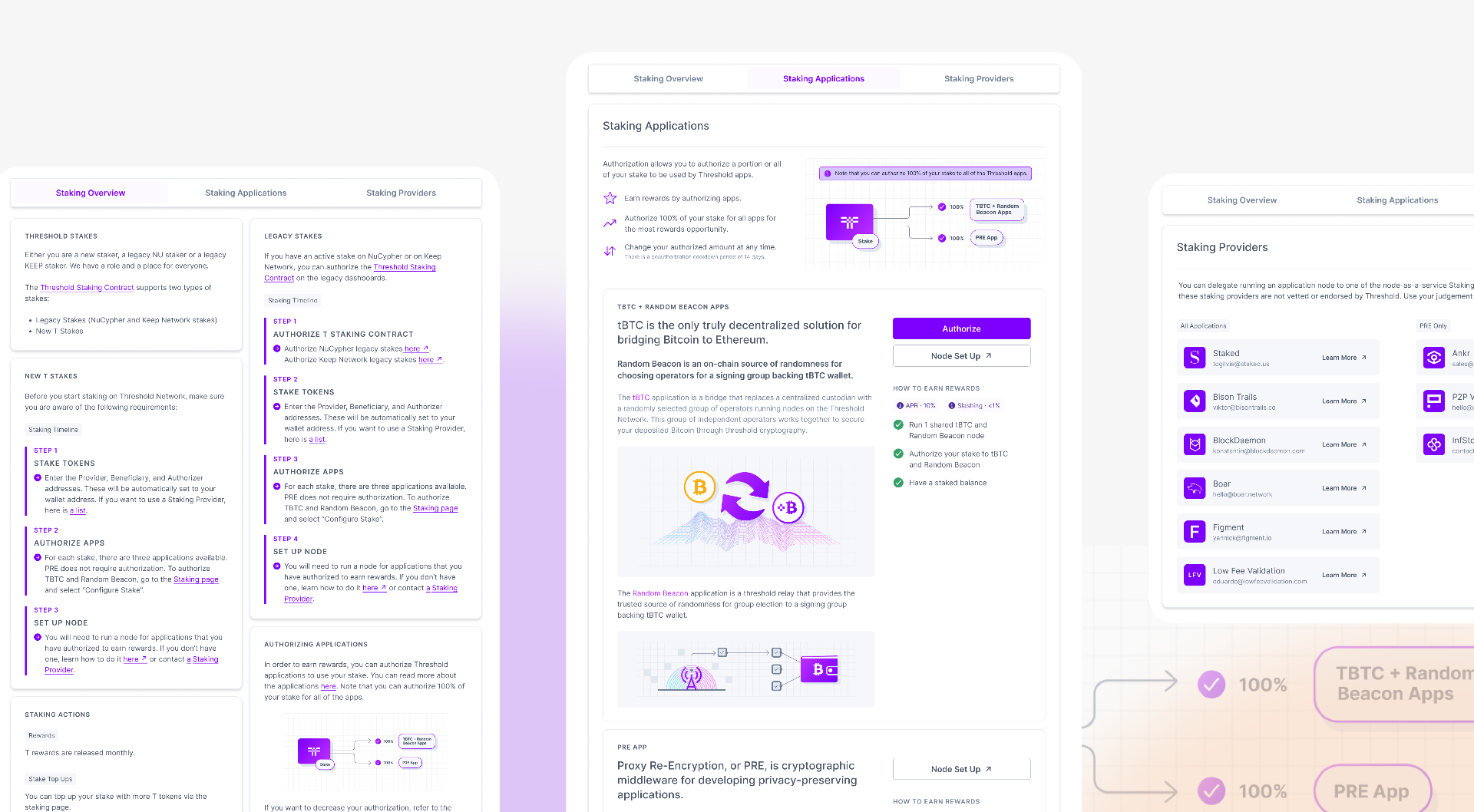 Stake configuration screens: staking overview, staking applications and staking providers tabs