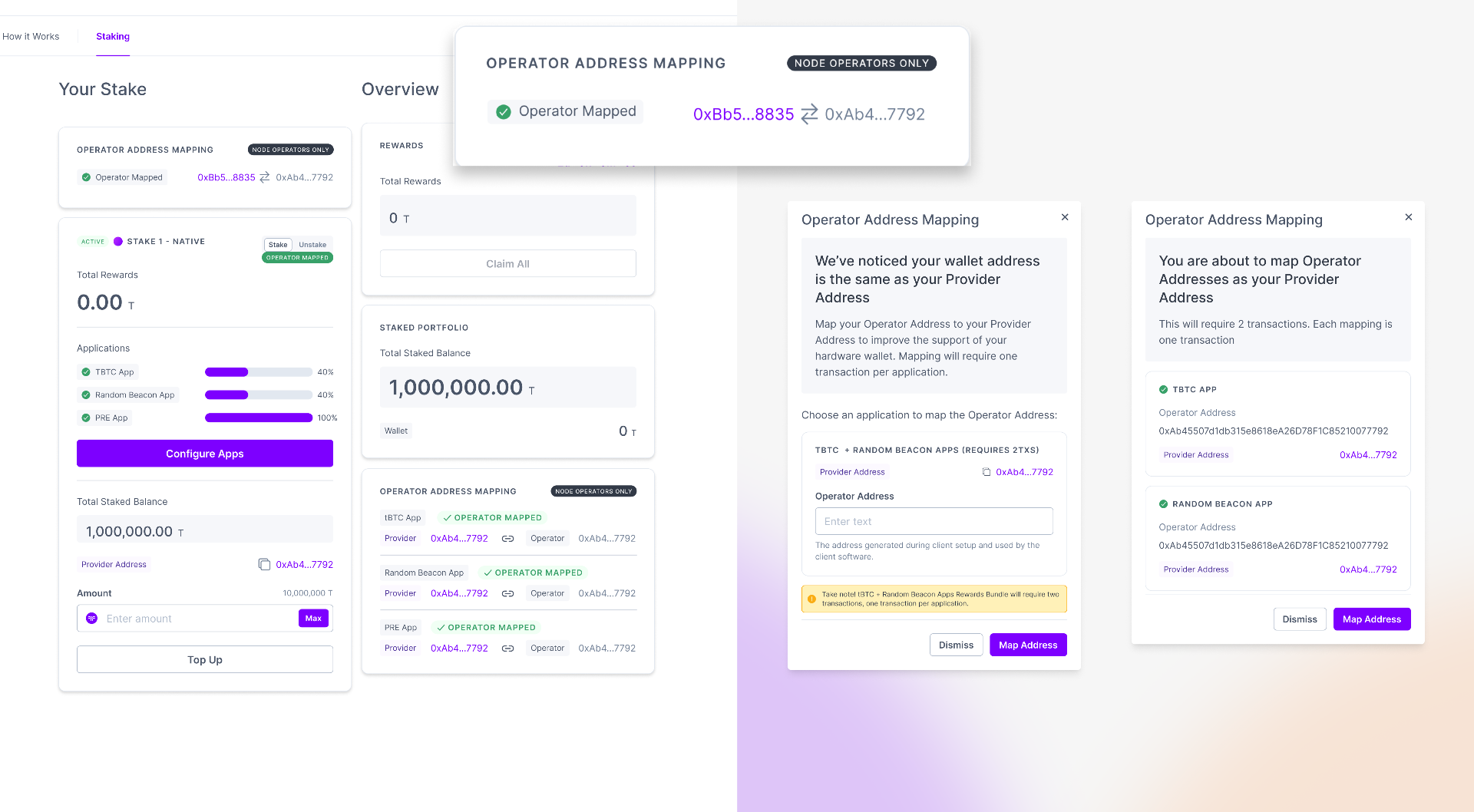 Operator address mapping screens: mapped state on the dashboard, mapping modal, and confirmation state