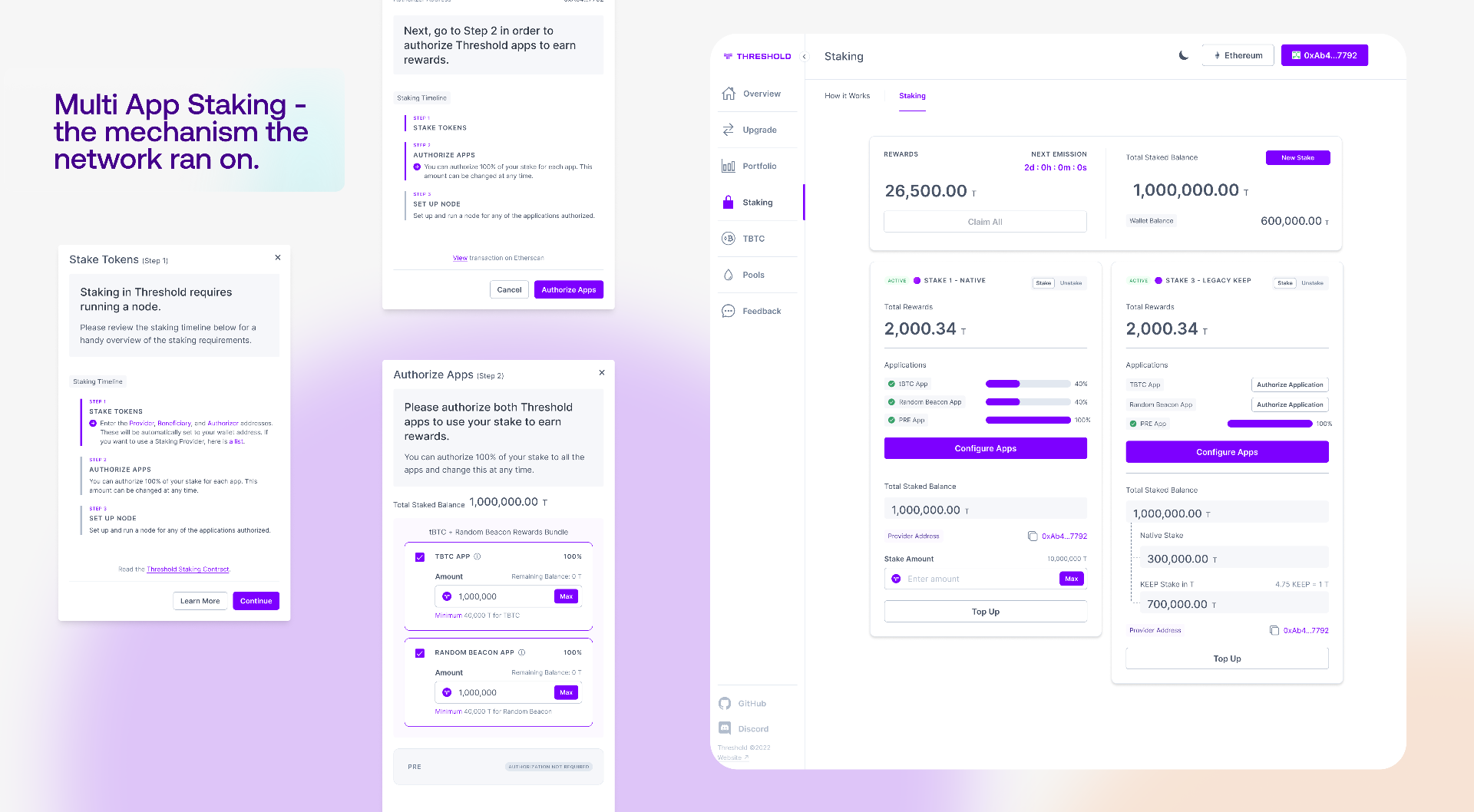 Multi App Staking — the mechanism the network ran on: authorisation and stake-configuration screens